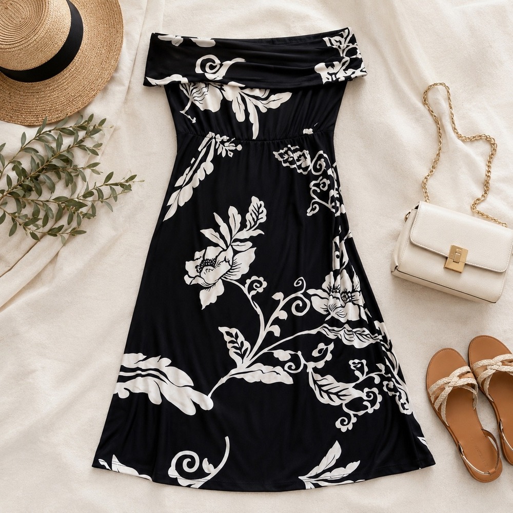 Soma Midi Bra Dress Women M Black Garden Tapestry Soft Jersey OTS Floral Pockets